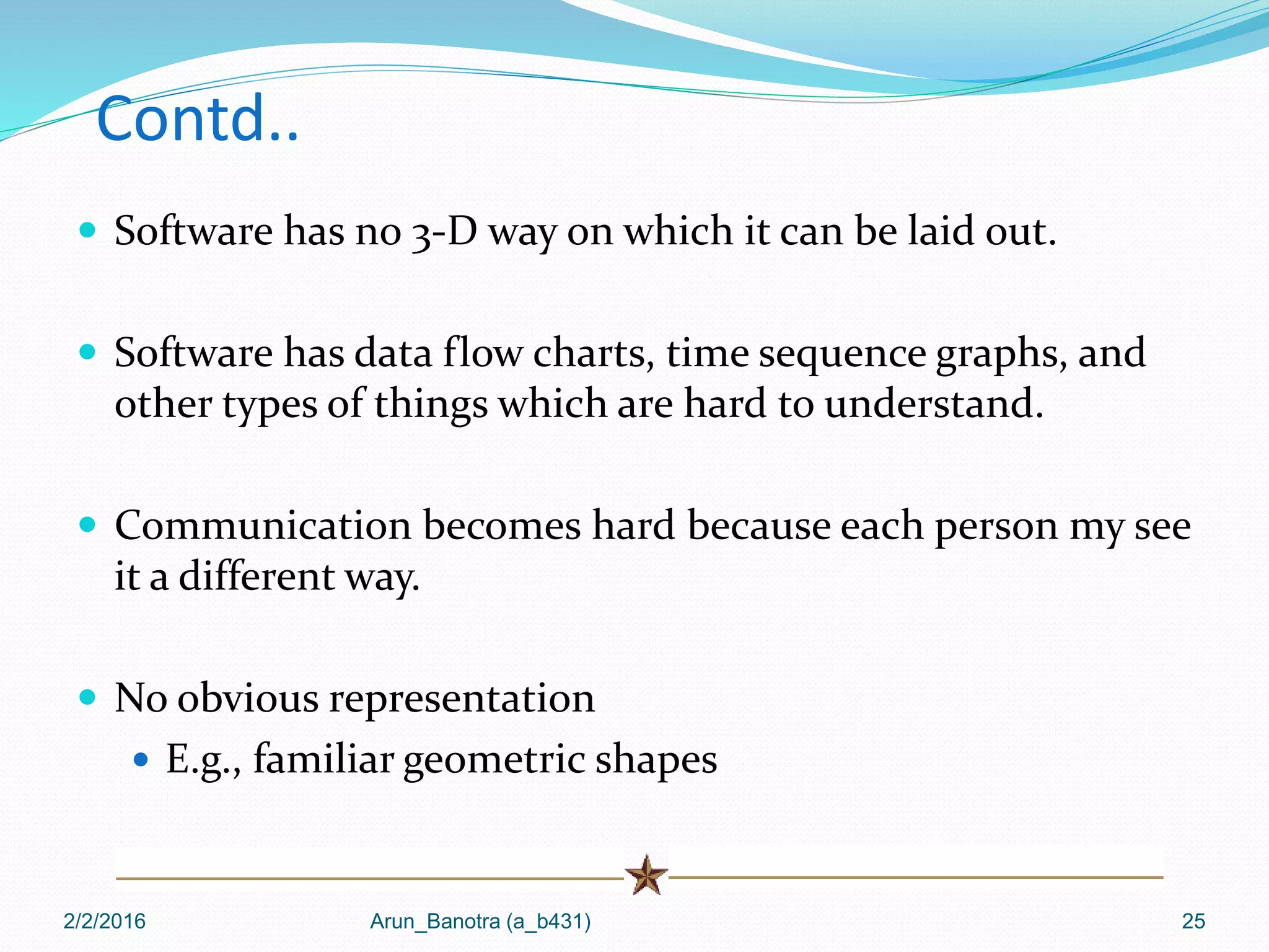 Contd..
 Software has no 3-D way on which it can be laid out.
 Software has data flow charts, time sequence graphs, and
other types of things which are hard to understand.
 Communication becomes hard because each person my see
it a different way.
 No obvious representation
 E.g., familiar geometric shapes
2/2/2016 Arun_Banotra (a_b431) 25
 