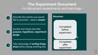 Describe	the	ac.vity	you	would	
like	to	promote	–	keep	it	simple!	
1
2
The Experiment Document
- to document experiments and learnings -
Quickly	and	simply	describe	
purpose,	hypothesis,	experiment	
design	
3
Take	advantage	of	wri3ng	things	
down	before	doing	anything	else	
Structure:

1. Objective
2. Hypothesis
3. Experiment design

1. Expected results
2. Expected costs
3. Gut feeling score (1-5)

1. Results
2. Learnings (why)
3. Next steps
 