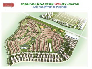 МОРИНГИЙН ДАВАА ОРЧИМ 10376 ӨРХ, 40466 ХҮН
ХАН-УУЛ ДҮҮРЭГ 10-Р ХОРОО
Байршил 2
 