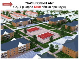 “БАЯНГОЛЫН АМ”
СХД1-р хороо 6800 айлын орон сууц
Байршил 3
 