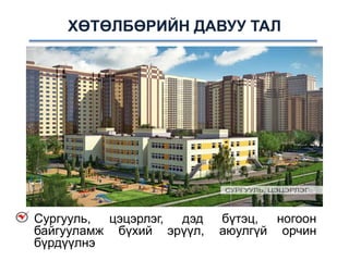 Сургууль, цэцэрлэг, дэд бүтэц, ногоон
байгууламж бүхий эрүүл, аюулгүй орчин
бүрдүүлнэ
ХӨТӨЛБӨРИЙН ДАВУУ ТАЛ
 