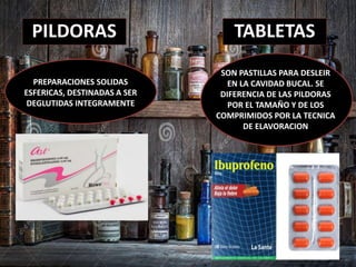 PILDORAS TABLETAS
PREPARACIONES SOLIDAS
ESFERICAS, DESTINADAS A SER
DEGLUTIDAS INTEGRAMENTE
SON PASTILLAS PARA DESLEIR
EN LA CAVIDAD BUCAL. SE
DIFERENCIA DE LAS PILDORAS
POR EL TAMAÑO Y DE LOS
COMPRIMIDOS POR LA TECNICA
DE ELAVORACION
 