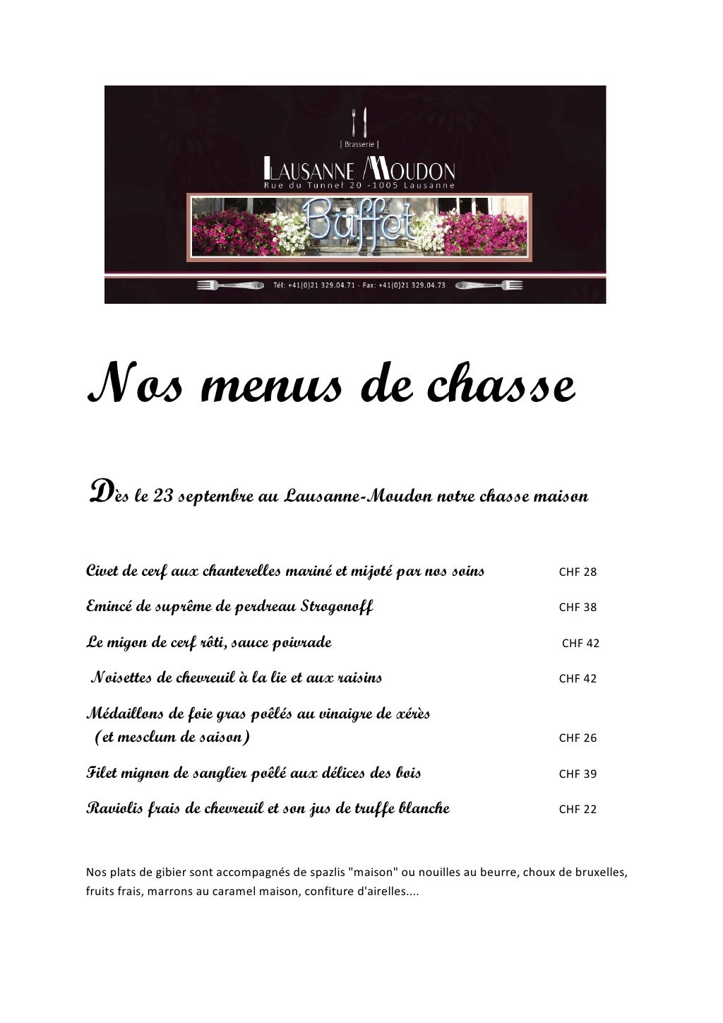 Nos menus de chasse