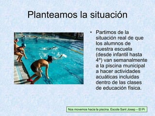 Planteamos la situación
• Partimos de la
situación real de que
los alumnos de
nuestra escuela
(desde infantil hasta
4º) van semanalmente
a la piscina municipal
a hacer actividades
acuáticas incluidas
dentro de las clases
de educación física.
Nos movemos hacia la piscina. Escola Sant Josep – El Pi
 
