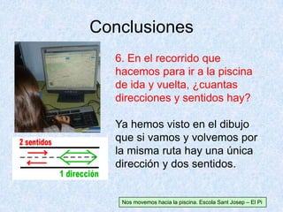 Conclusiones
Nos movemos hacia la piscina. Escola Sant Josep – El Pi
6. En el recorrido que
hacemos para ir a la piscina
de ida y vuelta, ¿cuantas
direcciones y sentidos hay?
Ya hemos visto en el dibujo
que si vamos y volvemos por
la misma ruta hay una única
dirección y dos sentidos.
 