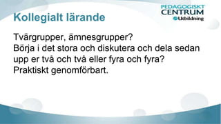 Kollegialt lärande 
Tvärgrupper, ämnesgrupper? 
Börja i det stora och diskutera och dela sedan 
upp er två och två eller fyra och fyra? 
Praktiskt genomförbart. 
 