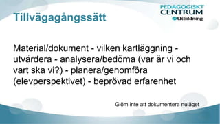 Tillvägagångssätt 
Material/dokument - vilken kartläggning - 
utvärdera - analysera/bedöma (var är vi och 
vart ska vi?) - planera/genomföra 
(elevperspektivet) - beprövad erfarenhet 
Glöm inte att dokumentera nuläget 
 