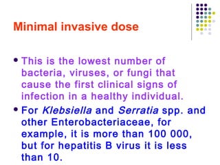 Minimal invasive dose
 This

is the lowest number of
bacteria, viruses, or fungi that
cause the first clinical signs of
infection in a healthy individual.
 For Klebsiella and Serratia spp. and
other Enterobacteriaceae, for
example, it is more than 100 000,
but for hepatitis B virus it is less
than 10.

 