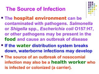 The Source of Infection
hospital environment can be
contaminated with pathogens. Salmonella
or Shigella spp., Escherichia coli O157:H7,
or other pathogens may be present in the
food and cause an outbreak of disease
 If the water distribution system breaks
down, waterborne infections may develop
 The

 The

source of an outbreak of nosocomial
infection may also be a health worker who
is infected or colonized (a carrier).

 