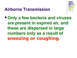 Airborne Transmission
Only

a few bacteria and viruses
are present in expired air, and
these are dispersed in large
numbers only as a result of
sneezing or coughing.

 