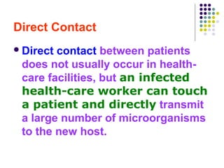 Direct Contact
 Direct

contact between patients
does not usually occur in healthcare facilities, but an infected
health-care worker can touch
a patient and directly transmit
a large number of microorganisms
to the new host.

 