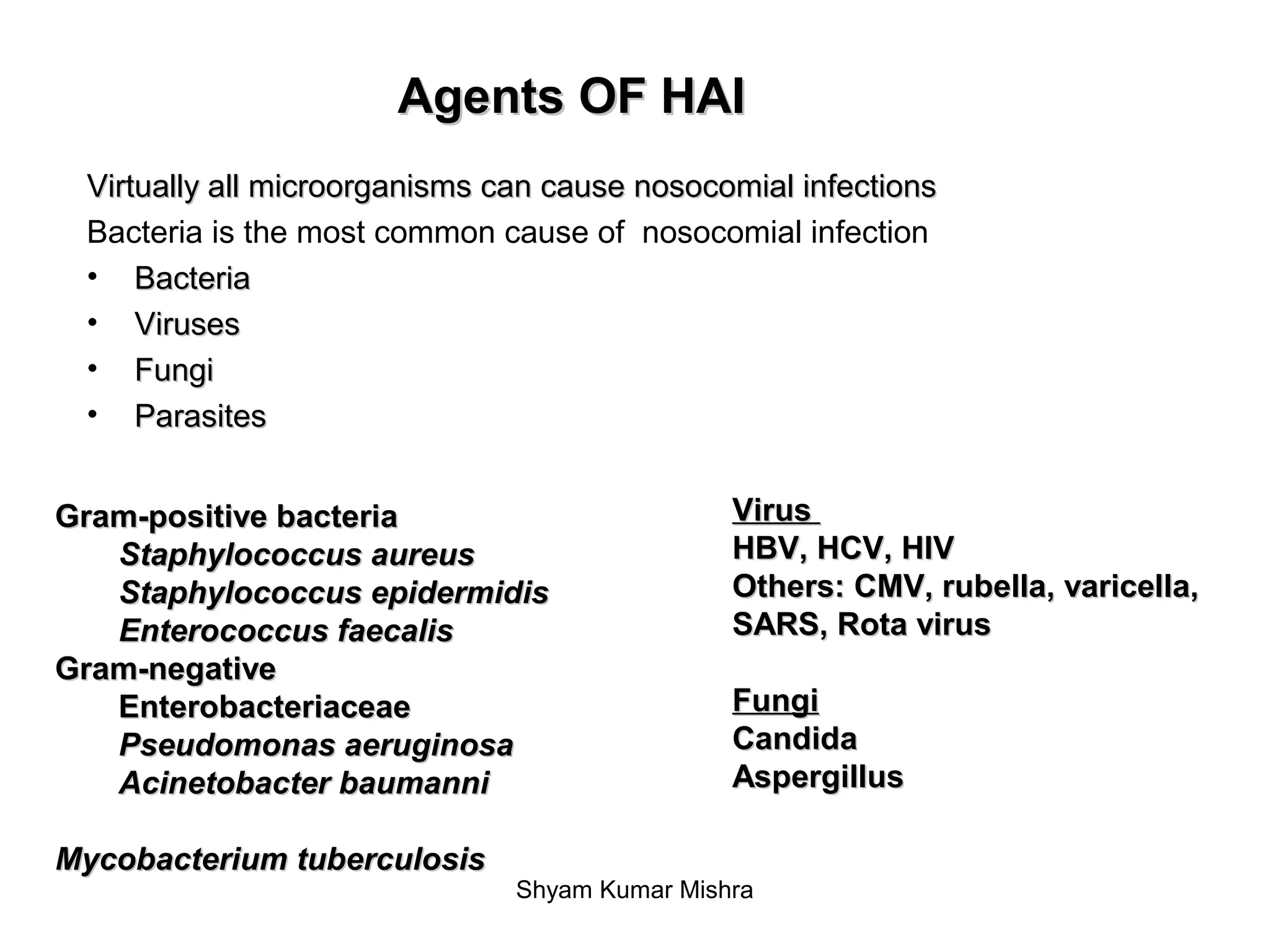 Agents OF HAIAgents OF HAI
Virtually all microorganisms can cause nosocomial infectionsVirtually all microorganisms can cause nosocomial infections
Bacteria is the most common cause of nosocomial infection
• BacteriaBacteria
• VirusesViruses
• FungiFungi
• ParasitesParasites
Gram-positive bacteriaGram-positive bacteria
Staphylococcus aureusStaphylococcus aureus
Staphylococcus epidermidisStaphylococcus epidermidis
Enterococcus faecalisEnterococcus faecalis
Gram-negativeGram-negative
EnterobacteriaceaeEnterobacteriaceae
Pseudomonas aeruginosaPseudomonas aeruginosa
Acinetobacter baumanniAcinetobacter baumanni
Mycobacterium tuberculosisMycobacterium tuberculosis
VirusVirus
HBV, HCV, HIVHBV, HCV, HIV
Others: CMV, rubella, varicella,Others: CMV, rubella, varicella,
SARS, Rota virusSARS, Rota virus
FungiFungi
CandidaCandida
AspergillusAspergillus
Shyam Kumar Mishra