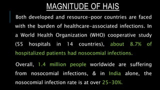 MAGNITUDE OF HAIS
Both developed and resource-poor countries are faced
with the burden of healthcare-associated infections. In
a World Health Organization (WHO) cooperative study
(55 hospitals in 14 countries), about 8.7% of
hospitalized patients had nosocomial infections.
Overall, 1.4 million people worldwide are suffering
from nosocomial infections, & in India alone, the
nosocomial infection rate is at over 25-30%.
 