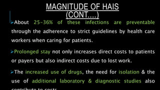 About 25-36% of these infections are preventable
through the adherence to strict guidelines by health care
workers when caring for patients.
Prolonged stay not only increases direct costs to patients
or payers but also indirect costs due to lost work.
The increased use of drugs, the need for isolation & the
use of additional laboratory & diagnostic studies also
MAGNITUDE OF HAIS
(CONT.…)
 