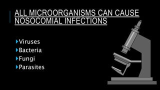 Viruses
Bacteria
Fungi
Parasites
ALL MICROORGANISMS CAN CAUSE
NOSOCOMIAL INFECTIONS
 