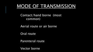 MODE OF TRANSMISSION
Contact/hand borne (most
common)
Aerial route or air borne
Oral route
Parenteral route
Vector borne
 
