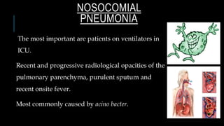 NOSOCOMIAL
PNEUMONIA
The most important are patients on ventilators in
ICU.
Recent and progressive radiological opacities of the
pulmonary parenchyma, purulent sputum and
recent onsite fever.
Most commonly caused by acino bacter.
 