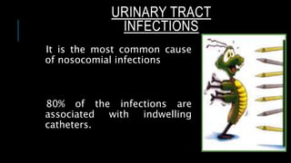 URINARY TRACT
INFECTIONS
It is the most common cause
of nosocomial infections
80% of the infections are
associated with indwelling
catheters.
 