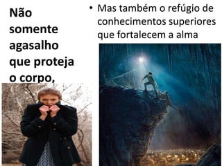 Não
somente
agasalho
que proteja
o corpo,
• Mas também o refúgio de
conhecimentos superiores
que fortalecem a alma
 