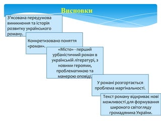 Висновки
З’ясована передумова
виникнення та історія
розвитку українського
роману.
Конкретизовано поняття
«роман».
«Місто» - перший
урбаністичний роман в
українській літературі, з
новими героями,
проблематикою та
манерою оповіді.
У романі розгортається
проблема маргінальності.
Текст роману відкриває нові
можливості для формування
широкого світогляду
громадянина України.

 