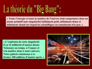La théorie du "Big Bang": « Toute l’énergie et toute la matière de l’univers était comprimées dans un atome primitif (une singularité) infiniment petit, infiniment dense et infiniment chaud sur lequel les scientifiques en connaissent très peu. » « L’explosion de cette singularité  il ya 14 milliards d’années donne  Naissance au temps, à l’espace et  à la matière donc à notre univers.  Notre galaxie commença a se  former 100 millions d’années après. » 