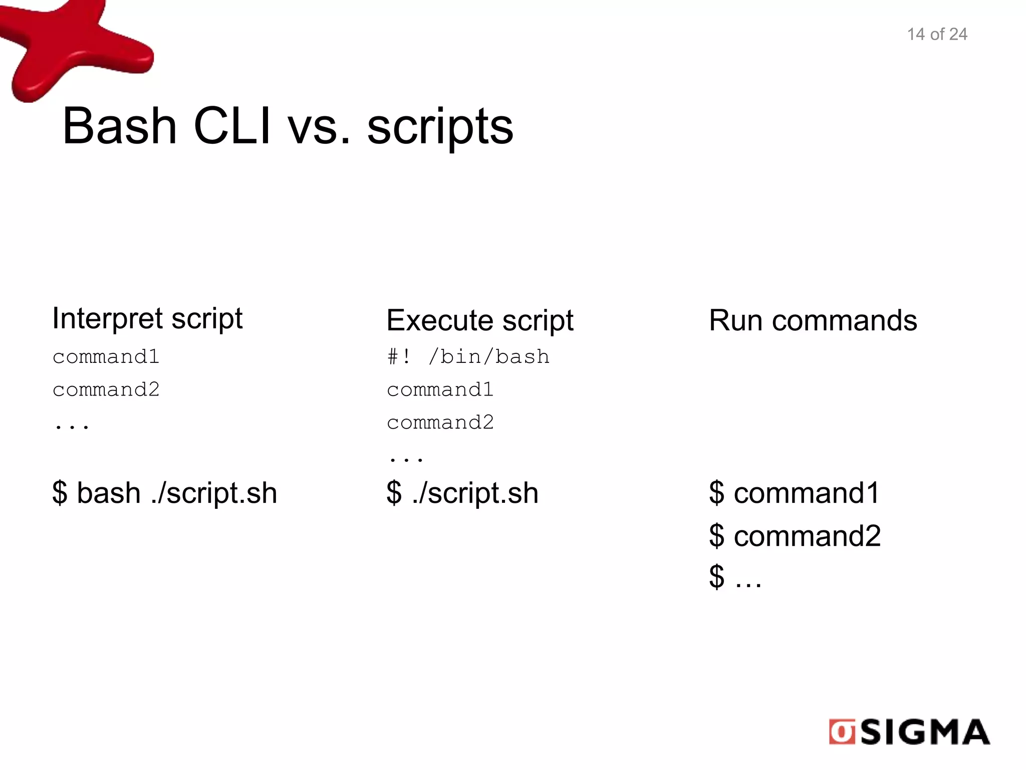 Bash CLI vs. scripts 
Execute script 
#! /bin/bash 
command1 
command2 
... 
$ ./script.sh 
Run commands 
$ command1 
$ command2 
$ … 
Interpret script 
command1 
command2 
... 
$ bash ./script.sh 
14 of 24 
 