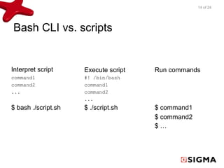 Bash CLI vs. scripts 
Execute script 
#! /bin/bash 
command1 
command2 
... 
$ ./script.sh 
Run commands 
$ command1 
$ command2 
$ … 
Interpret script 
command1 
command2 
... 
$ bash ./script.sh 
14 of 24 
 