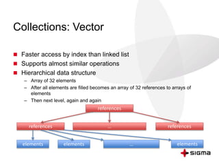 Collections: Vector 
 Faster access by index than linked list 
 Supports almost similar operations 
 Hierarchical data structure 
– Array of 32 elements 
– After all elements are filled becomes an array of 32 references to arrays of 
elements 
– Then next level, again and again 
references 
references … references 
elements elements … elements 
 