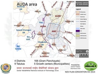AUDA area
4 Districts 168 (Gram Panchayats)
9 Talukas 5 Growth centers (Municipalities) Presented by:
Yamee Thakkar
Shantwana Dixit
NOS PLAN CONVENTION XVI 2014
 
