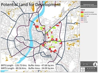 Potential Land for Development
BRTS Length - 126.73 Kms Buffer Area - 47.68 Sq.km.
MRTS Length - 89.56 Kms Buffer Area - 24.09 Sq.km.
 