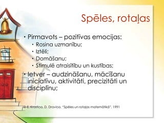 Spēles, rotaļas
 Pirmavots – pozitīvas emocijas:
       Rosina uzmanību;
       Iztēli;
       Domāšanu;
       Stimulē atraisītību un kustības;
 Ietver – audzināšanu, mācīšanu
  iniciatīvu, aktivitāti, precizitāti un
  disciplīnu;

 E. Krastiņa, D. Draviņa, “Spēles un rotaļas matemātikā”, 1991
 