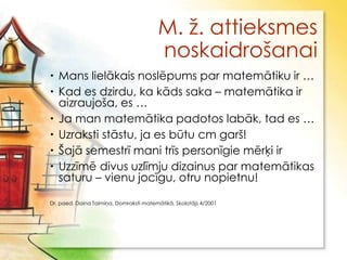 M. ţ. attieksmes
                                        noskaidrošanai
 Mans lielākais noslēpums par matemātiku ir …
 Kad es dzirdu, ka kāds saka – matemātika ir
  aizraujoša, es …
 Ja man matemātika padotos labāk, tad es …
 Uzraksti stāstu, ja es būtu cm garš!
 Šajā semestrī mani trīs personīgie mērķi ir
 Uzzīmē divus uzlīmju dizainus par matemātikas
  saturu – vienu jocīgu, otru nopietnu!

Dr. paed. Daina Taimiņa, Domraksti matemātikā, Skolotājs 4/2001
 