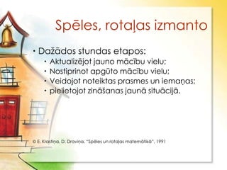 Spēles, rotaļas izmanto
 Daţādos stundas etapos:
       Aktualizējot jauno mācību vielu;
       Nostiprinot apgūto mācību vielu;
       Veidojot noteiktas prasmes un iemaņas;
       pielietojot zināšanas jaunā situācijā.




 E. Krastiņa, D. Draviņa, “Spēles un rotaļas matemātikā”, 1991
 