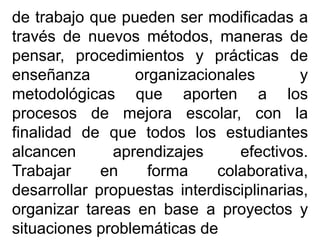 de trabajo que pueden ser modificadas a
través de nuevos métodos, maneras de
pensar, procedimientos y prácticas de
enseñanza organizacionales y
metodológicas que aporten a los
procesos de mejora escolar, con la
finalidad de que todos los estudiantes
alcancen aprendizajes efectivos.
Trabajar en forma colaborativa,
desarrollar propuestas interdisciplinarias,
organizar tareas en base a proyectos y
situaciones problemáticas de
 