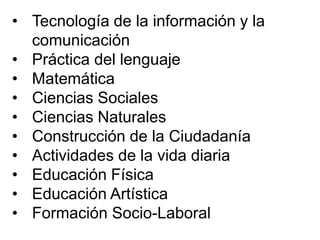 • Tecnología de la información y la
comunicación
• Práctica del lenguaje
• Matemática
• Ciencias Sociales
• Ciencias Naturales
• Construcción de la Ciudadanía
• Actividades de la vida diaria
• Educación Física
• Educación Artística
• Formación Socio-Laboral
 