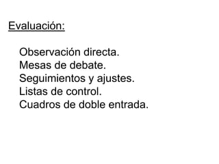 Evaluación:
Observación directa.
Mesas de debate.
Seguimientos y ajustes.
Listas de control.
Cuadros de doble entrada.
 