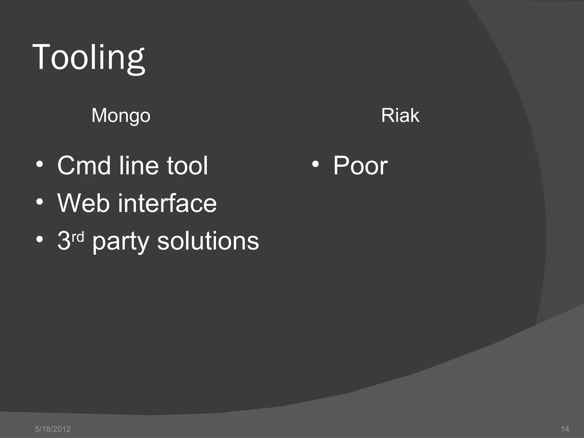 Tooling
            Mongo            Riak

• Cmd line tool         • Poor
• Web interface
• 3rd party solutions




5/18/2012                           14
 