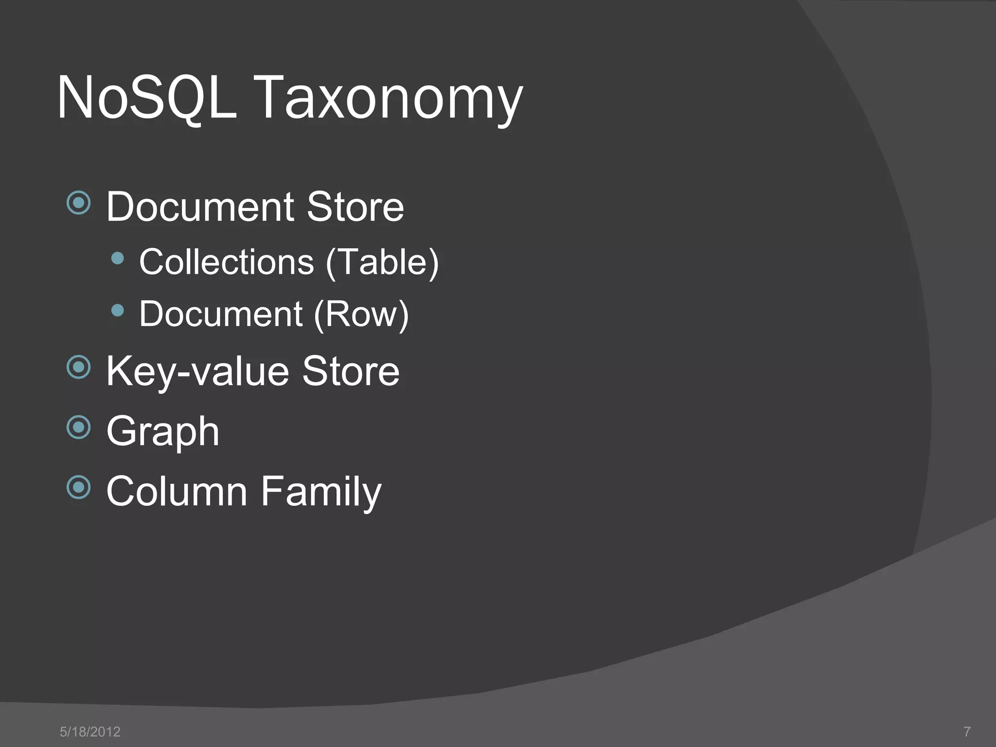 NoSQL Taxonomy
     Document Store
        Collections (Table)
        Document (Row)
 Key-value Store
 Graph
 Column Family




5/18/2012                      7
 