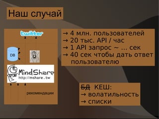 Наш случай ->  4 млн. пользователей ->  20 тыс. API / час ->  1 API запрос ~ … сек ->  40 сек чтобы дать ответ пользователю БД   КЕШ: ->  волатильность ->  списки рекомендации DB 