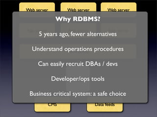 Web server        Web server         Web server
            Why RDBMS?
App bring you NEWS!!!
  I server       App server       App server
      5 years ago, fewer alternatives
  Understand operations procedures
              Memcached
     Can easily recruit DBAs / devs
             Developer/ops tools
                   Oracle
 Business critical system: a safe choice
         CMS                   Data feeds
 