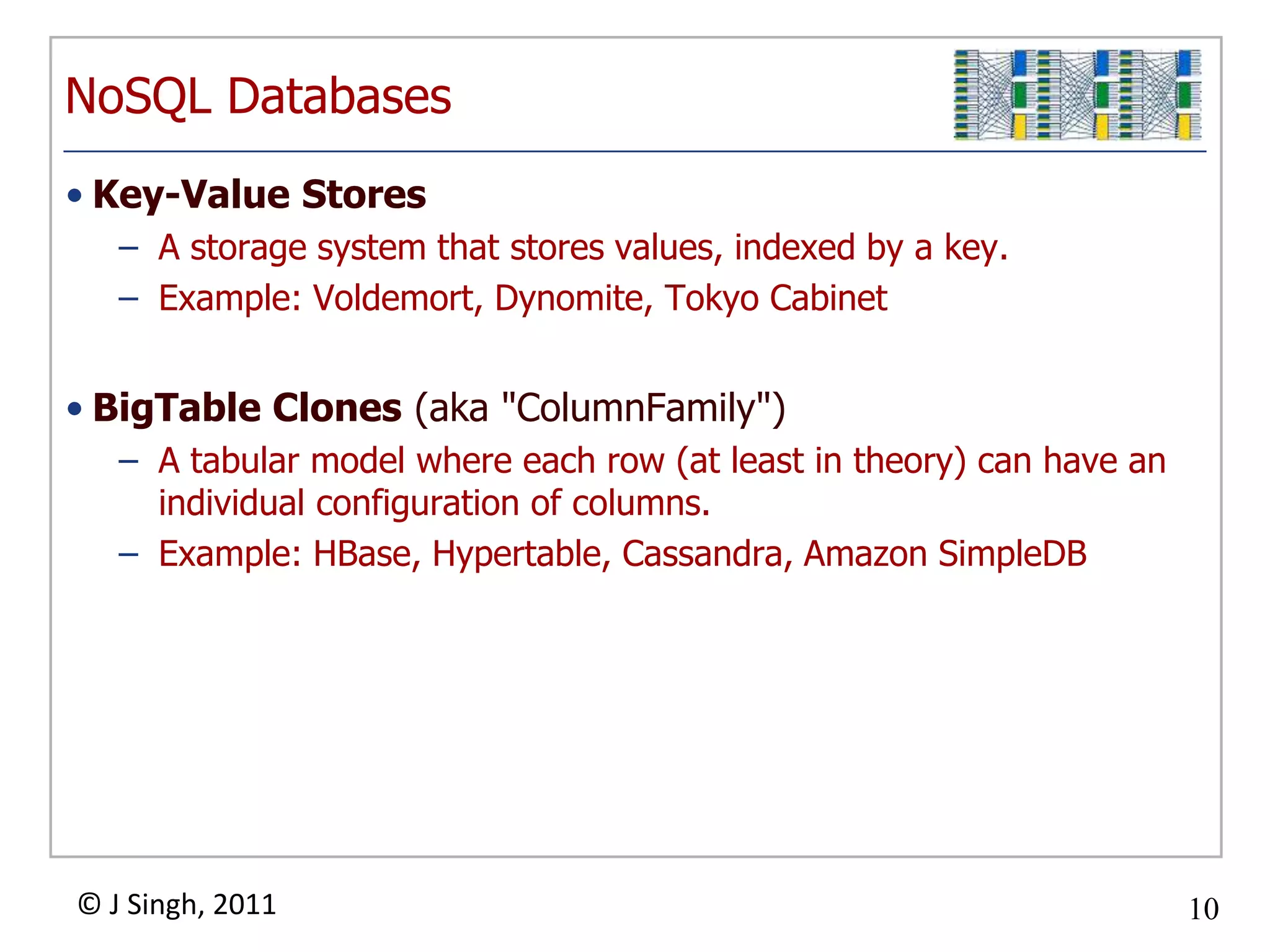 NoSQL DatabasesKey-Value StoresA storage system that stores values, indexed by a key.Example: Voldemort, Dynomite, Tokyo CabinetBigTable Clones (aka "ColumnFamily")A tabular model where each row (at least in theory) can have an individual configuration of columns.Example: HBase, Hypertable, Cassandra, Amazon SimpleDB