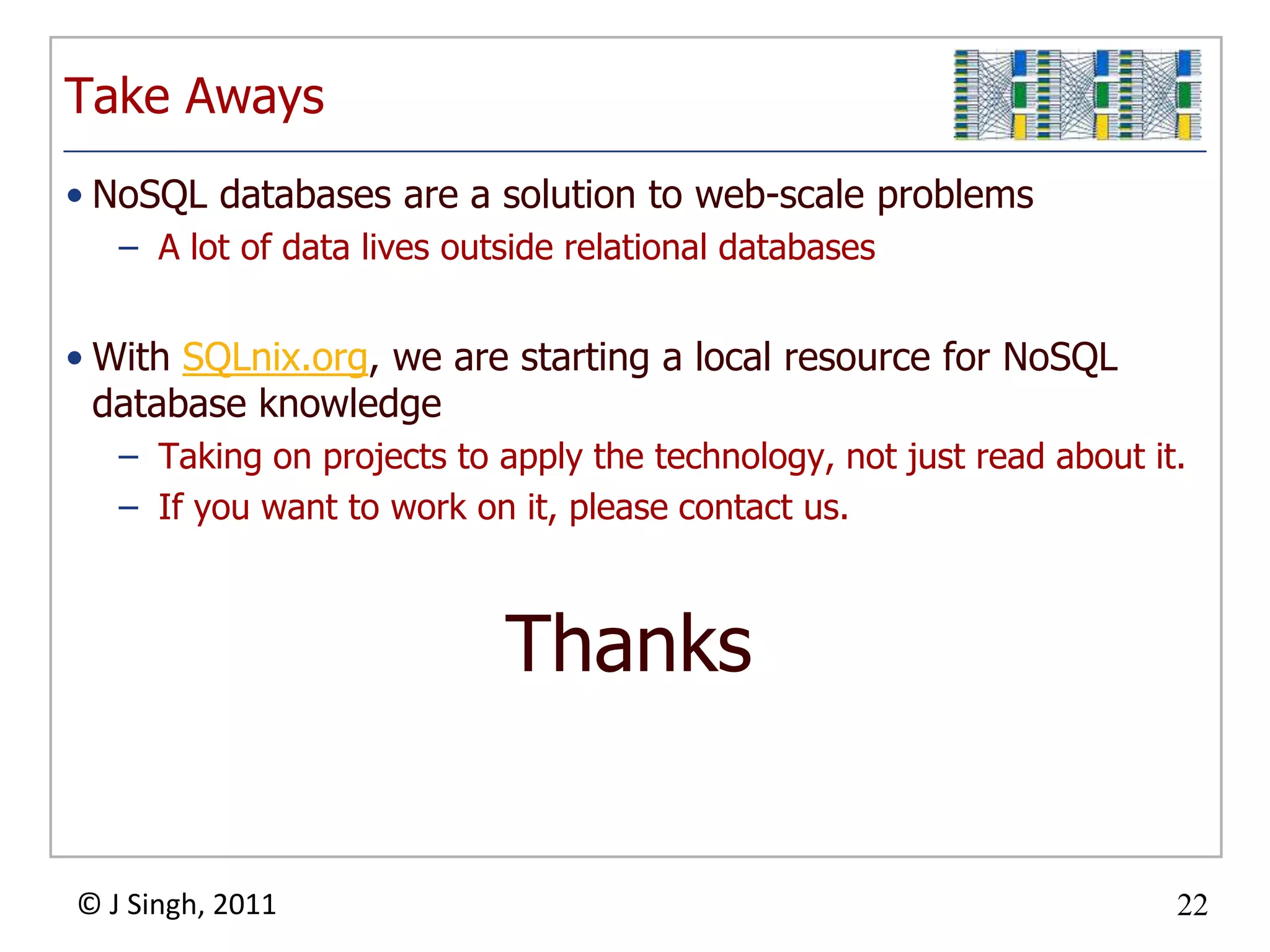 End of an Era?The Relational Model is not necessarily the answerIt was excellent for data processingNot a natural fit forData WarehousesWeb-oriented searchReal-time analytics, andSemi-structured datai.e., Semantic WebSQL is not the answerCoupling between modern programming languages and SQL are “ugly beyond belief”Programming languages have evolved while SQL has remained staticPascalC/C++JavaThe little languages: Python, Perl, PHP, RubyThe end of an Architectural Era, Stonebraker et al, Proc. VLDB, 2007A critique of the “one size fits all” assumption in DBMS