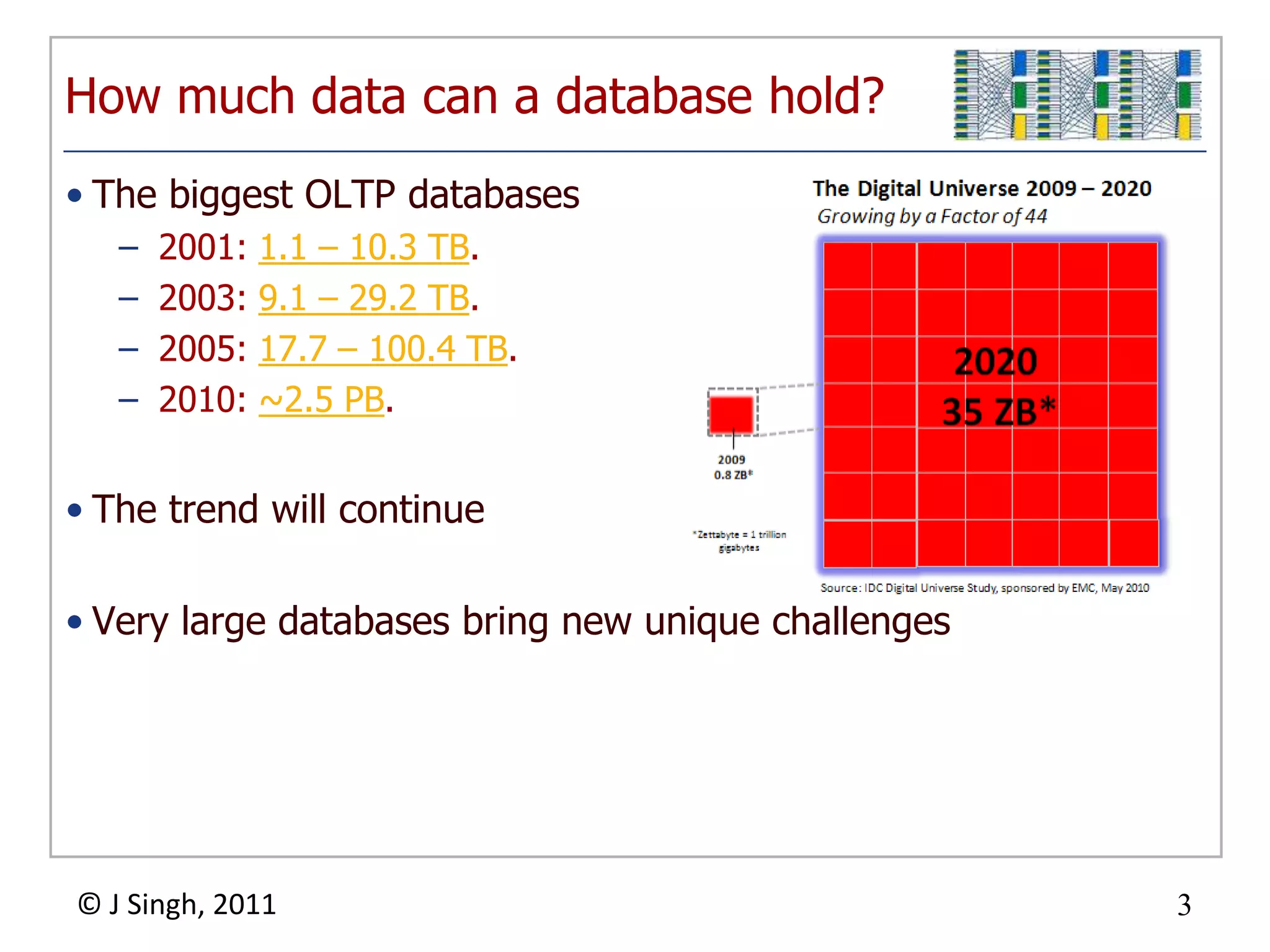 How much data can a database hold?The biggest OLTP databases2001: 1.1 – 10.3 TB.2003: 9.1 – 29.2 TB.2005: 17.7 – 100.4 TB.2010: ~2.5 PB.The trend will continueVery large databases bring new unique challenges