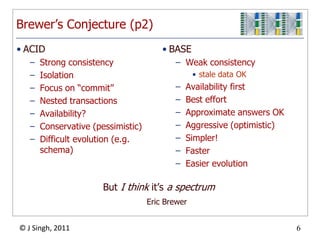 Brewer’s Conjecture (p2)BASEWeak consistencystale data OKAvailability firstBest effortApproximate answers OKAggressive (optimistic)Simpler!FasterEasier evolutionACIDStrong consistencyIsolationFocus on “commit”Nested transactionsAvailability?Conservative (pessimistic)Difficult evolution (e.g. schema)But I think it’s a spectrumEric Brewer