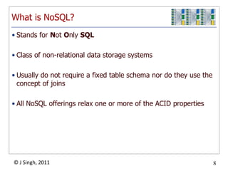 What is NoSQL?Stands for Not Only SQLClass of non-relational data storage systemsUsually do not require a fixed table schema nor do they use the concept of joinsAll NoSQL offerings relax one or more of the ACID properties
