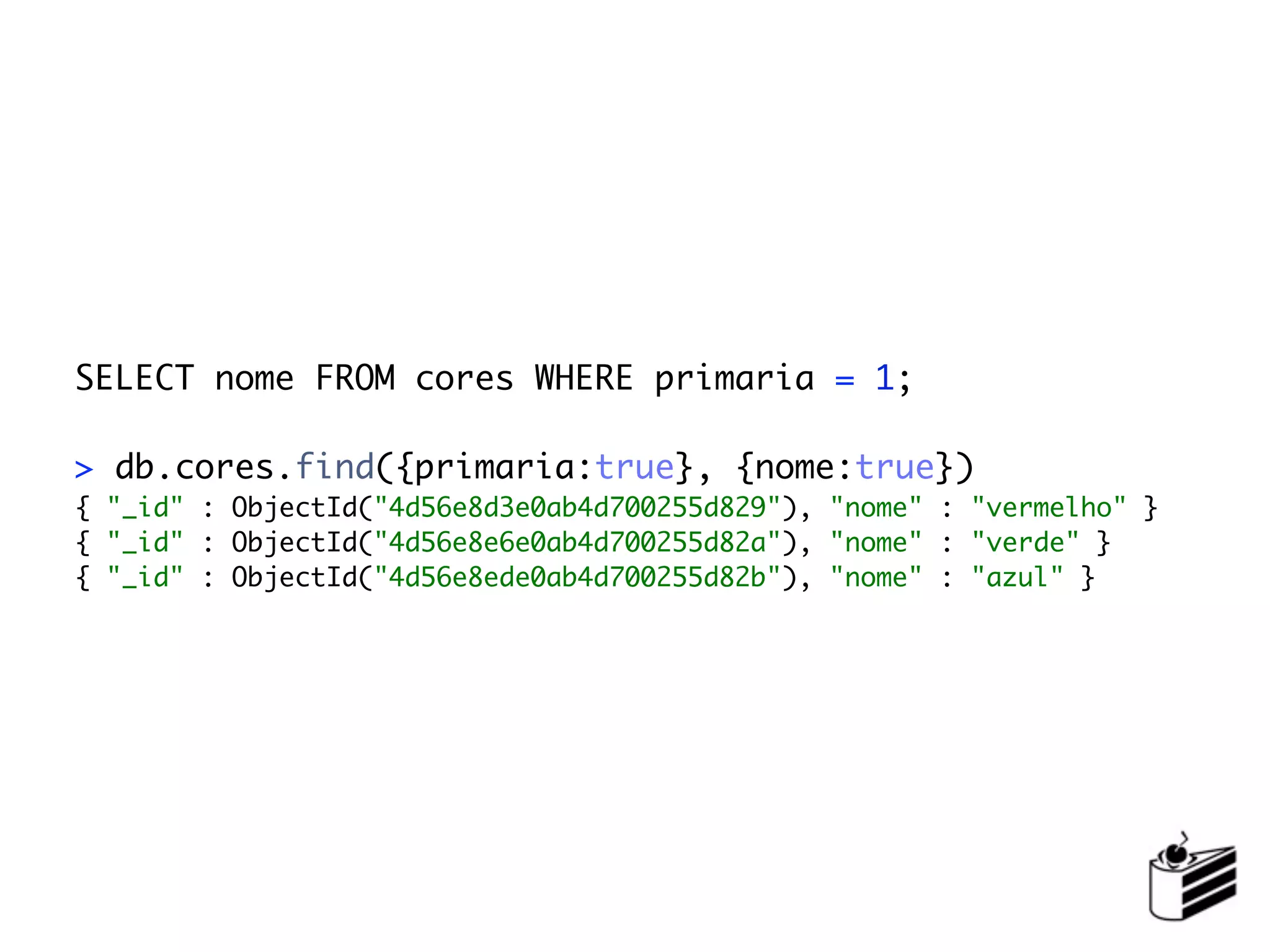 SELECT nome FROM cores WHERE primaria = 1;

> db.cores.find({primaria:true}, {nome:true})
{ "_id" : ObjectId("4d56e8d3e0ab4d700255d829"), "nome" : "vermelho" }
{ "_id" : ObjectId("4d56e8e6e0ab4d700255d82a"), "nome" : "verde" }
{ "_id" : ObjectId("4d56e8ede0ab4d700255d82b"), "nome" : "azul" }
 