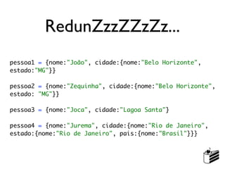 RedunZzzZZzZz...
pessoa1 = {nome:"João", cidade:{nome:"Belo Horizonte",
estado:"MG"}}

pessoa2 = {nome:"Zequinha", cidade:{nome:"Belo Horizonte",
estado: "MG"}}

pessoa3 = {nome:"Joca", cidade:"Lagoa Santa"}

pessoa4 = {nome:"Jurema", cidade:{nome:"Rio de Janeiro",
estado:{nome:"Rio de Janeiro", pais:{nome:"Brasil"}}}
 