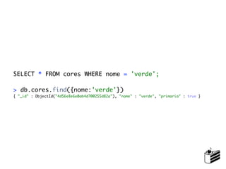 SELECT * FROM cores WHERE nome = 'verde';

> db.cores.find({nome:'verde'})
{ "_id" : ObjectId("4d56e8e6e0ab4d700255d82a"), "nome" : "verde", "primaria" : true }
 