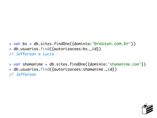 > var bs = db.sites.findOne({dominio:'brassun.com.br'})
> db.usuarios.find({autorizacoes:bs._id})
// Jefferson e Lucio

> var shamanime = db.sites.findOne({dominio:'shamanime.com'})
> db.usuarios.find({autorizacoes:shamanime._id})
// Jefferson
 