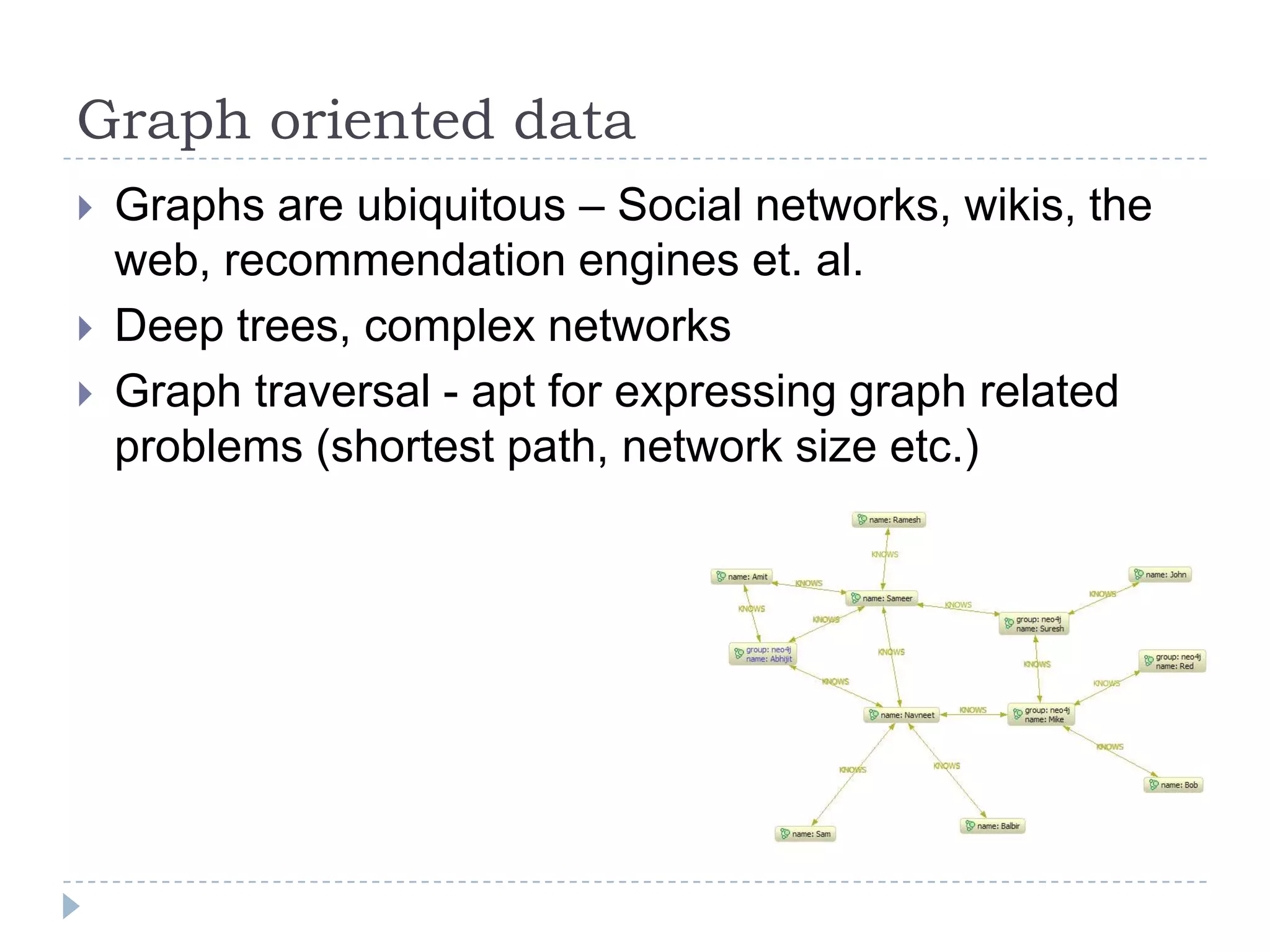 Graph oriented dataGraphs are ubiquitous – Social networks, wikis, the web, recommendation engines et. al.Deep trees, complex networksGraph traversal - apt for expressing graph related problems (shortest path, network size etc.)